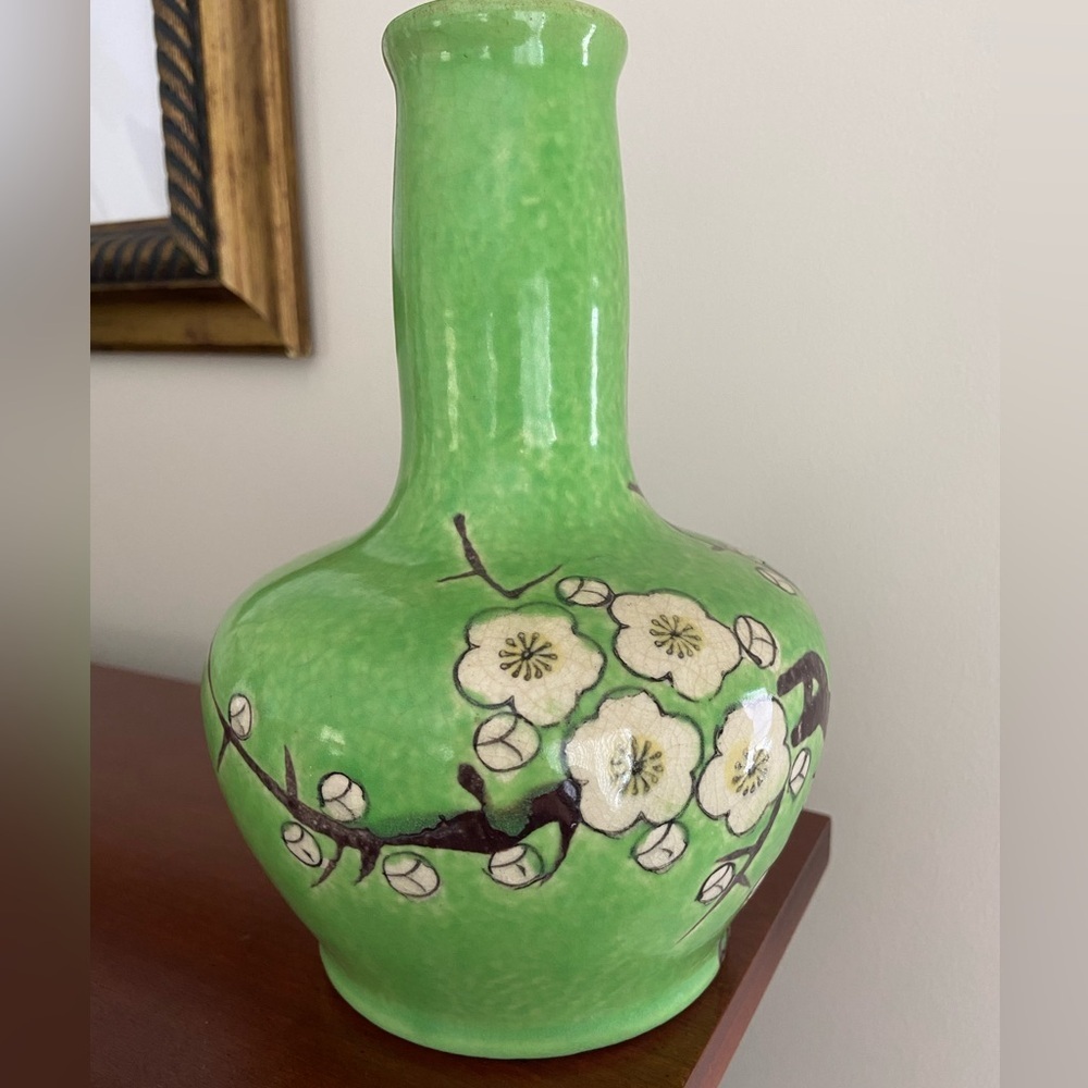 Vintage Green Floral Sakura Cherry Blossom Ceramic Vase Made In Japan Beautiful